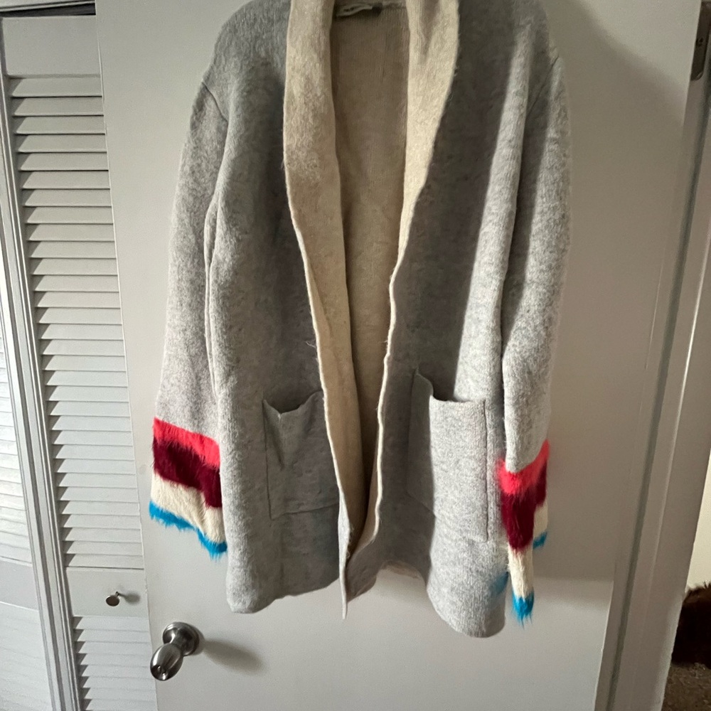 Cozy Gray Cardigan with Colorful Accents